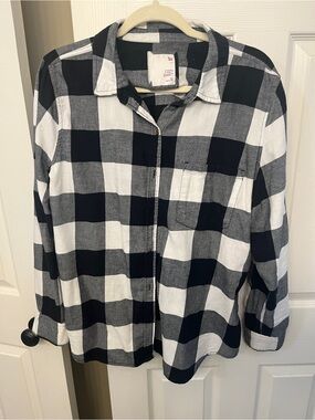 SO Women’s Cozy Shirt Black & White Buffalo Plaid Button-Up size XL